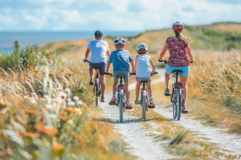 Famille à vélo sur un sentier nature